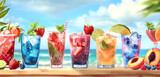 Fototapeta  - a colorful array of fruits cocktails alaong sea side