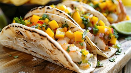 Wall Mural - Get a closer look at some delectable fish tacos featuring sole and prawns drizzled with a mouthwatering mango avocado salsa
