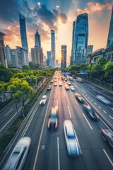 Wall Mural - an urban city highway motorway road surrounded by green trees with cars traffic moving fast with motion blur with the view of high rise buildings
