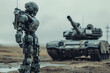 the robot soldier on the battlefield with weapon, next to tank,  blurred background.. Artificial intelect in future life. AI generated