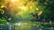 A beautiful bird hovers above the surface of the water, holding a small fish in its beak. spring background sunlight bokeh wallpaper