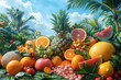 assortment of tropical fruits in a lush setting under blue sky