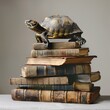 Capture the essence of education with a turtle reading on top of a pile of books.