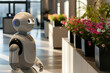 robot works in the office, with laptop, blurred background. Artificial intelect in future life. AI Generated	
