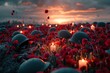 memorial day, solemn military helmets on battlefield with red poppies and candles at dusk