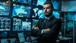 © BrightWhite - Confident businessman in suit standing in high-tech control room filled with screens displaying data and maps, embodying corporate power and technology mastery.