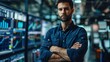 © BrightWhite - Confident man in navy blue shirt standing in front of multiple data-monitoring screens in a high-tech work environment.