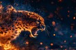 A fierce ocelot snarls aggressively amid a dramatic scene of fiery embers and a deep blue, smoke-filled background.