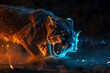 A snarling puma, illuminated in vibrant blue and orange lighting, prowls against a dark, fiery background, creating a dramatic and fantastical scene.