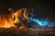 A dynamic image of a cougar in mid-charge, with fiery orange and mystical blue energies emanating from its body in a dark, dramatic setting.
