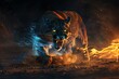 A digital artwork of a fierce mountain lion, enveloped in flames and mystical blue smoke, prowling angrily against a dark, fiery background.