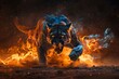 A dynamic image presenting a fierce black panther emanating flames and smoke, aggressively charging forward amidst a fiery background.