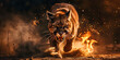 A powerful puma aggressively runs towards the viewer, with glowing eyes and a backdrop of sparks and flames.
