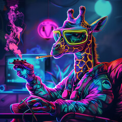 Wall Mural - Giraffe Smoking Playing Video Games In Neon Light