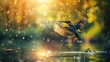Beautiful birds hover and catch fish above the surface of the water. spring background sunlight bokeh wallpaper 