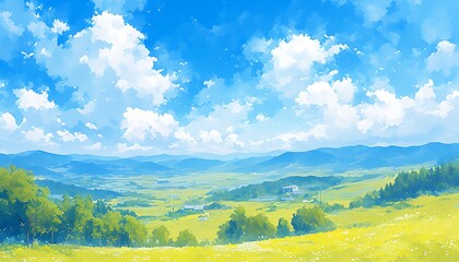 watercolor style landscape photo capturing the refreshing blue sky and lush green mountains