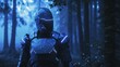 Futuristic soldier in digitized combat suit in forest - A lone futuristic soldier stands in a foggy forest, dressed in a high-tech digitized combat uniform