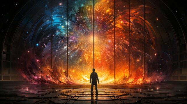 man facing an explosion of cosmic colors - a solitary figure stands before an explosive vortex of vi