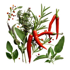 Wall Mural - An isolated arrangement featuring vibrant red chili peppers and fragrant herbs set against a transparent background