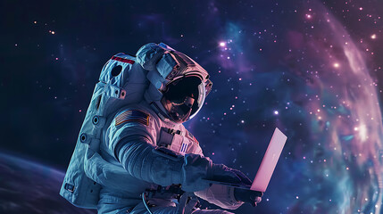 an astronaut flying in the galaxy and bring a laptop