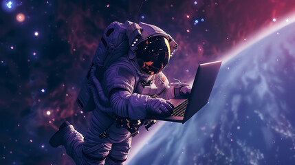 Wall Mural - an astronaut flying in the galaxy and bring a laptop
