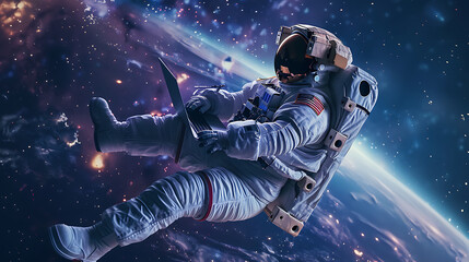 Wall Mural - an astronaut flying in the galaxy and bring a laptop