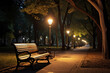 © Wonderful Studio - A park bench is lit up at night, with a street lamp nearby