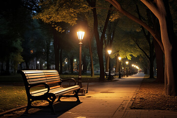 A park bench is lit up at night, with a street lamp nearby