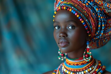 An African woman adorned with a colorful beaded headdress and traditional jewelry poses gracefully