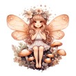 Cute fairy with mushrooms and butterfly wings. Cartoon vector illustration.