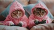 Cats in pink hoodies playing video games - Two adorable cats dressed in pink hoodies are intensely playing video games, showing their human-like concentration and gaming skills