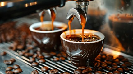 Espresso pouring into cups with coffee beans - Two cups of espresso capture the pour midstream surrounded by scattered coffee beans, highlighting the coffee-making process