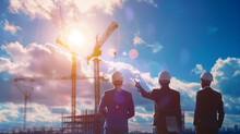 Three Men Are Standing On A Construction Site, One Of Them Pointing To A Crane. The Sky Is Blue And The Sun Is Shining Brightly. The Scene Is Professional And Focused