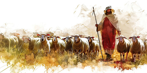 Wall Mural - Shepherd: The Flock of Sheep and Protective Staff - Visualize Jesus with a flock of sheep and a protective staff, illustrating his role as a shepherd.