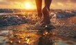 walking beach sunset sun setting deep splashes landscape human feet sparkling flowing creek evokes feelings joy rhythm wind running