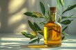 bottle olive oil branch olives panoramic gleaming skin vanilla colored lighting quack medicine half body cropping eucalyptus