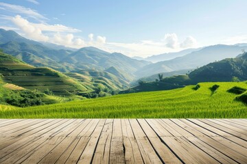 Sticker - Wooden floor with rice field and mountains in the background. Generative AI.