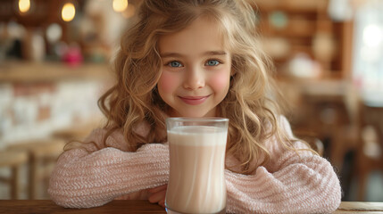 Wall Mural - Cute little girl with glass of milk on color background.