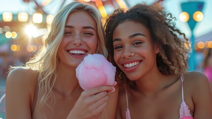 close-up of two women in a fair full of light and color and a Ferris wheel behind, they are eating smiling cotton candy