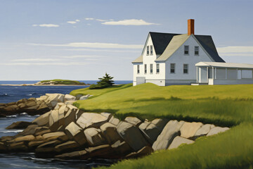 Wall Mural - painting of a house on the coast, muted primary colors theme.