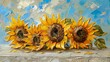 three sunflowers table blue sky background palette knife summer autumn glass shards often described flame golden cracks brawn oil being delighted cheerful