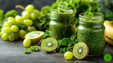 Glass jar mugs with green health smoothie, kale leaves, lime, apple, kiwi, grapes, banana, avocado, lettuce. Copy space, sunlight effect. Raw, vegan, vegetarian, detox, alkaline food concept.