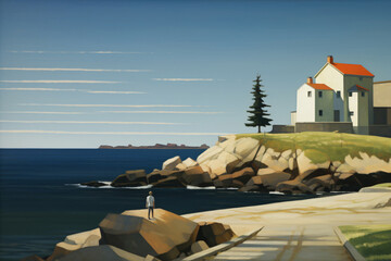 Wall Mural - painting of a house on the coast, muted primary colors theme.