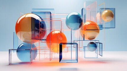 Digital technology floating geometrical elements colorful transparent glass poster web page PPT background