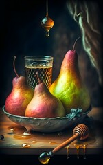 Wall Mural - pears in a bowl with a glass of honey, stock imagesm stock photos, food stock photos, life stock food blog, food photorgraphy, best selling, viral, trending