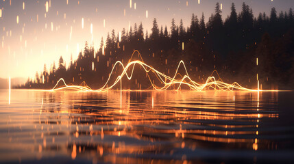 Digital technology visualization of data and tranquil lake during golden hour abstract poster web page PPT background
