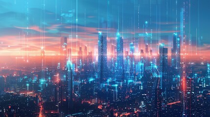 Modern cityscape and communication network concept. Telecommunication. IoT (Internet of Things). 5G. Smart city. Digital transformation. --ar 16:9 Job ID: 47b47652-fc7c-4621-a95c-e2714dafdc1c