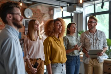 Sticker - Group of young business people in smart casual wear discussing business plan at modern startup office building.