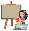 Cartoon girl reading book on stack of books