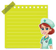 Cartoon nurse smiling beside a yellow notepad
